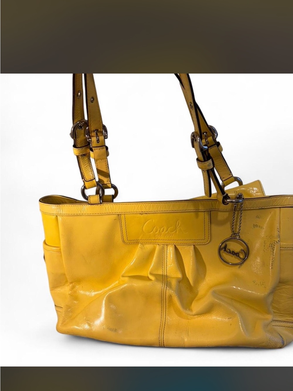 Coach Yellow Leather Shoulder Tote with Logo Charm